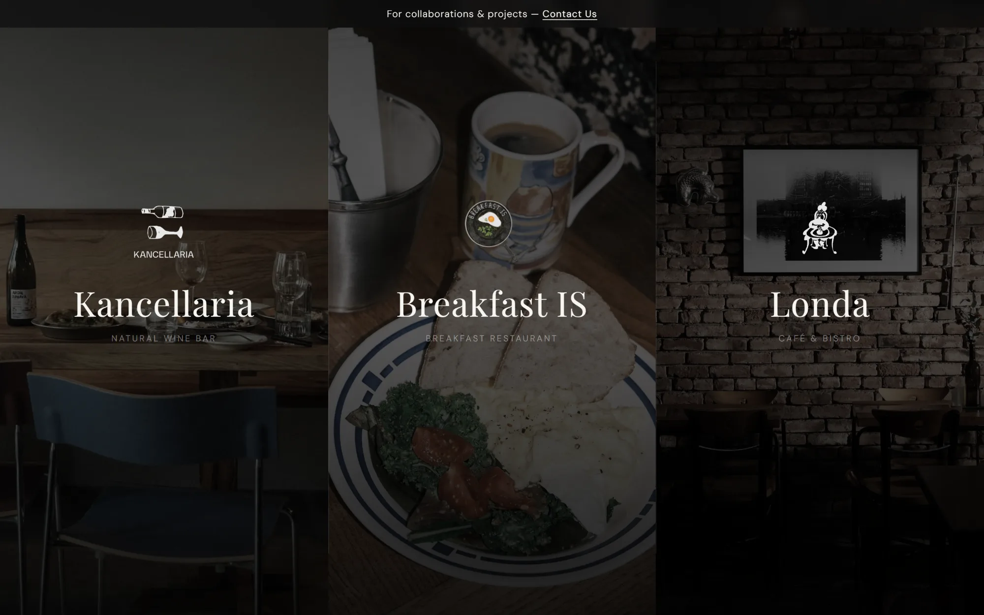 May Hospitalities homepage with Kancellaria, Breakfast IS and Londa side by side
