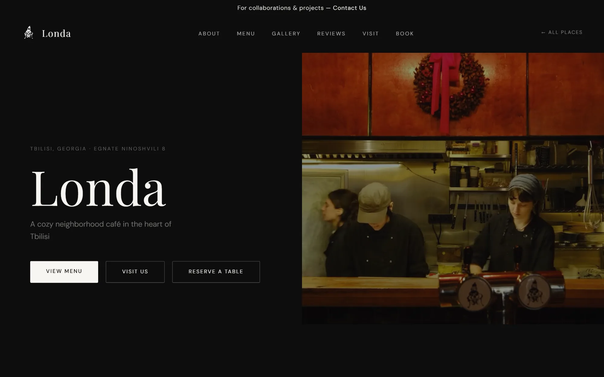 Londa café page on desktop, kitchen crew behind the counter