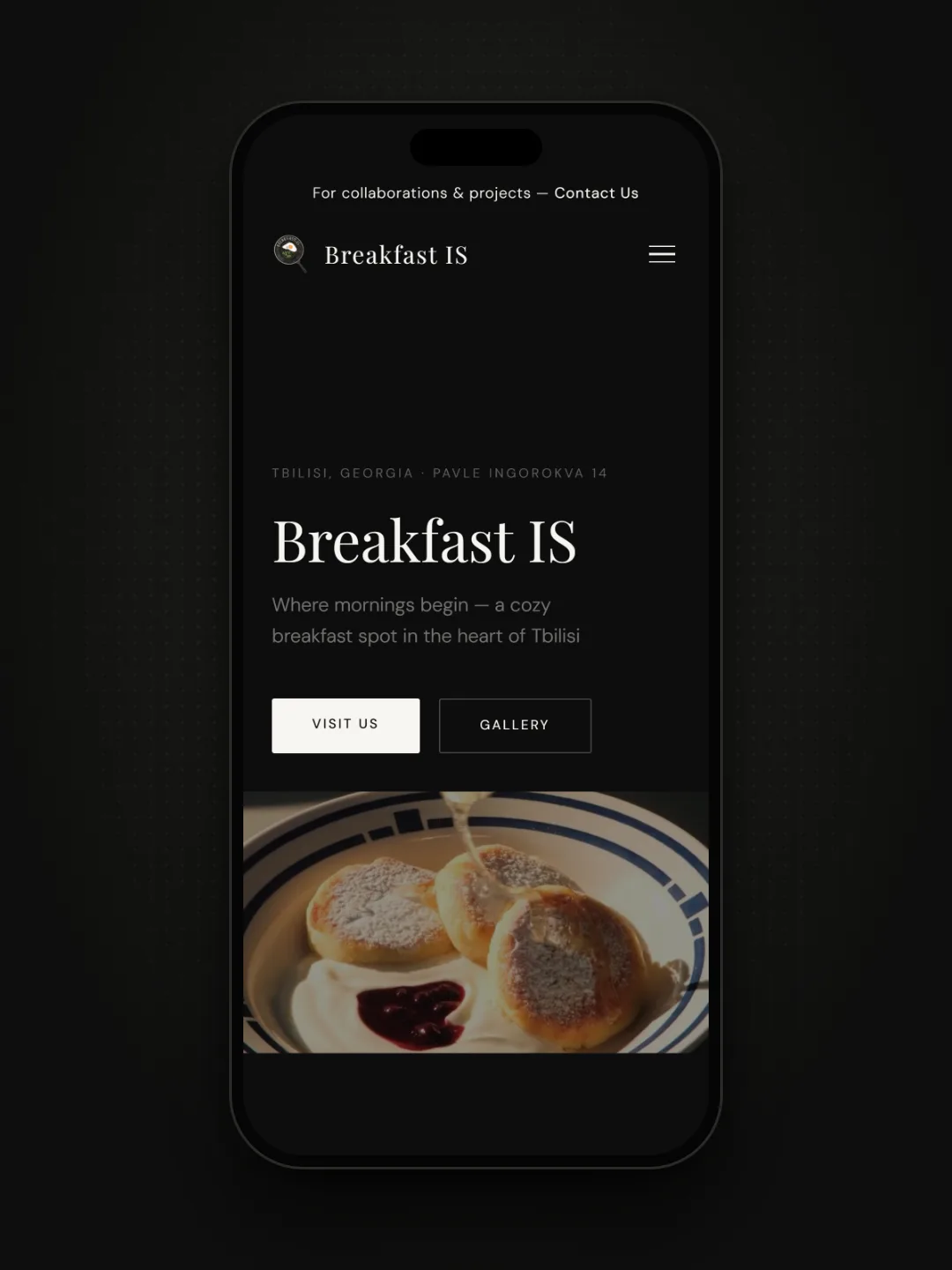 Breakfast IS page on a phone, syrup poured over syrniki