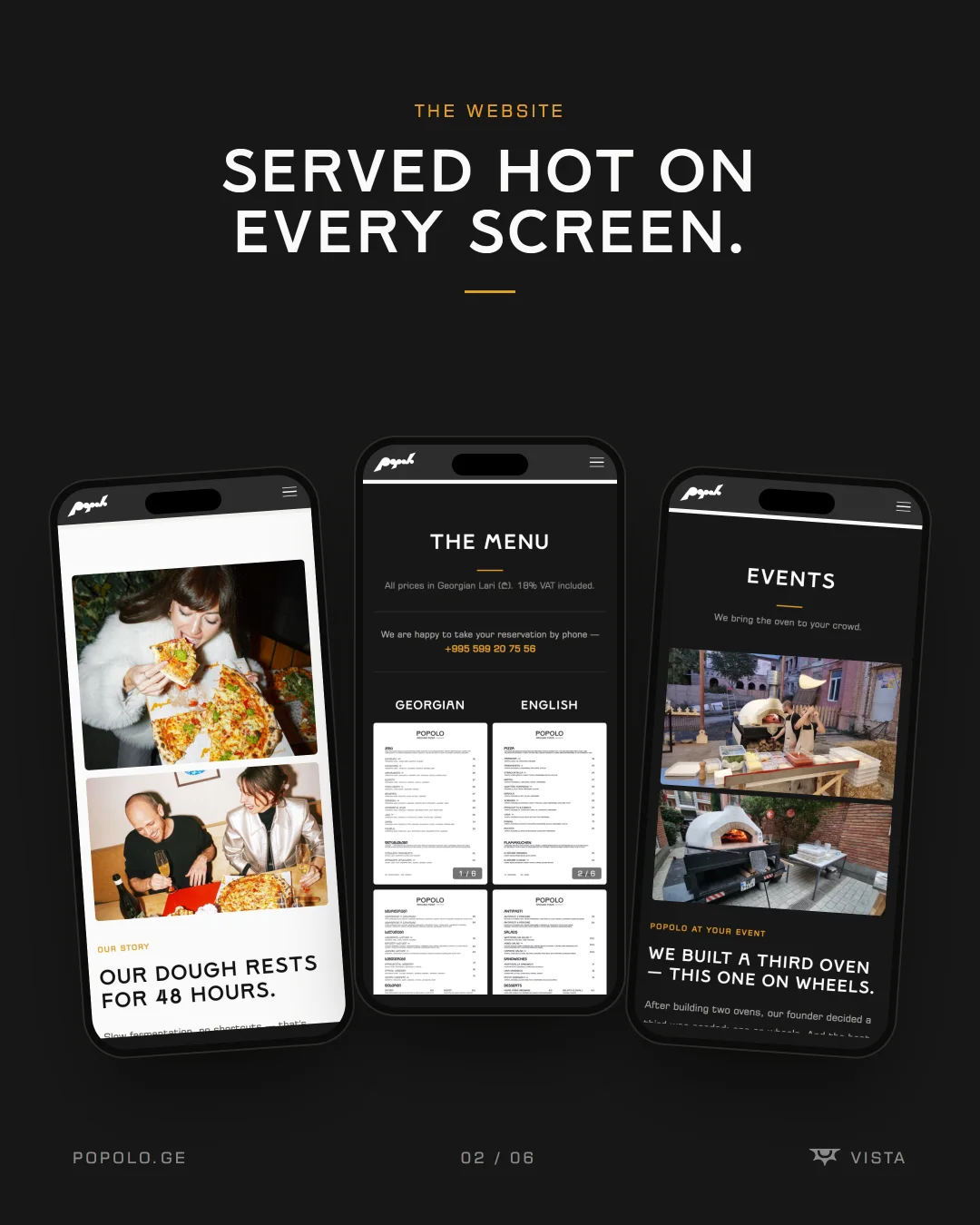 Popolo website on three phones: story, menu and events